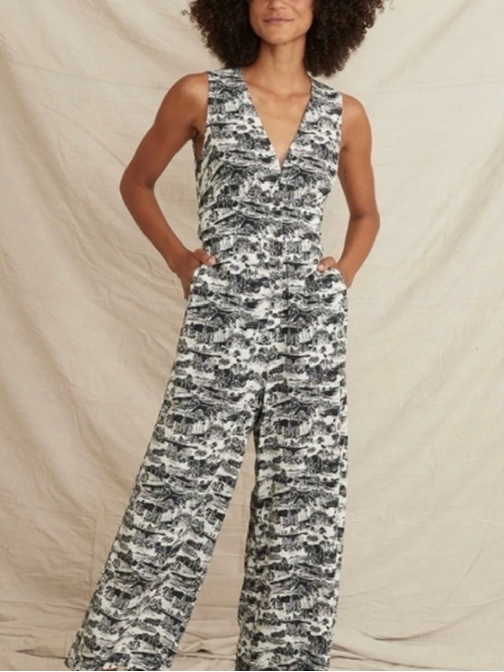 Marine Layer Black & White Printed Sleeveless Jumpsuit